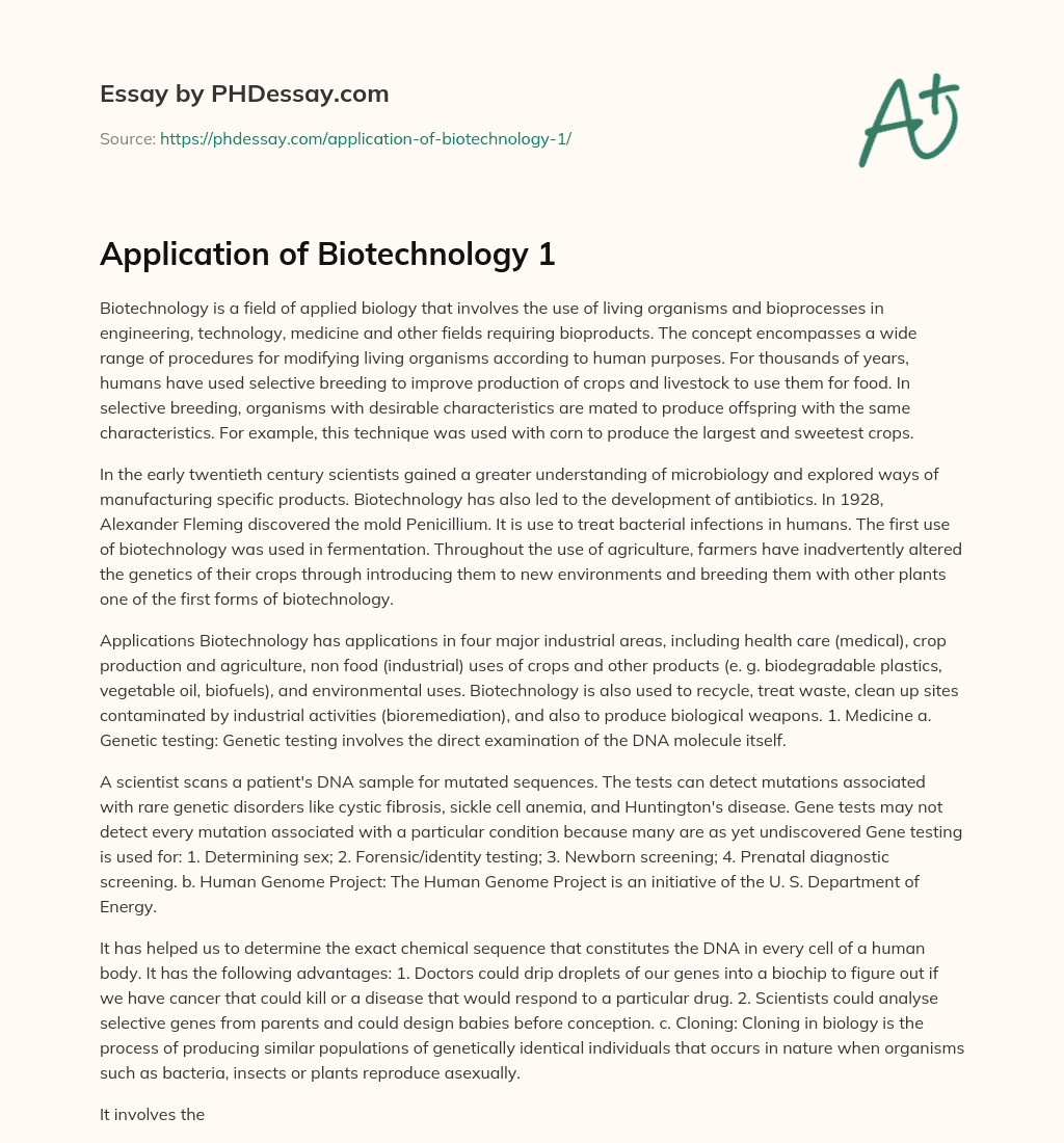 Application of Biotechnology 1 essay