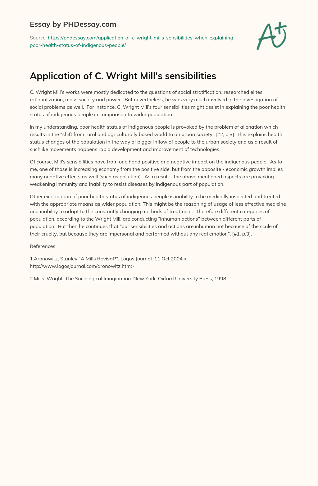 Application of C. Wright Mill’s sensibilities essay