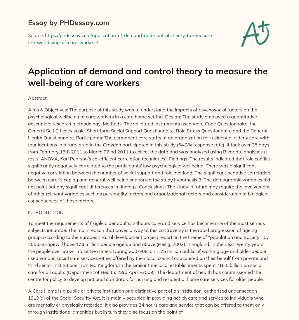 Application of demand and control theory to measure the well-being of care workers essay