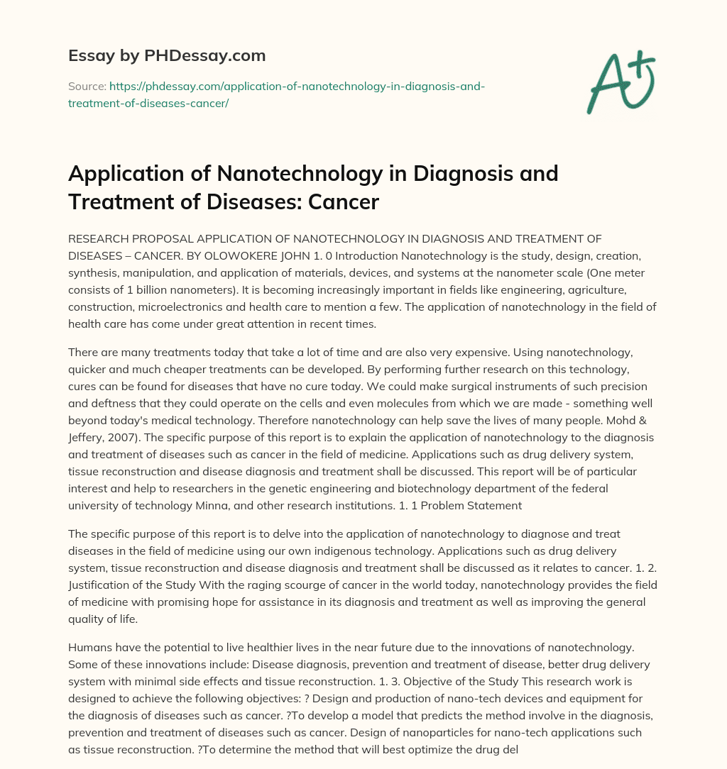 Application of Nanotechnology in Diagnosis and Treatment of Diseases: Cancer essay