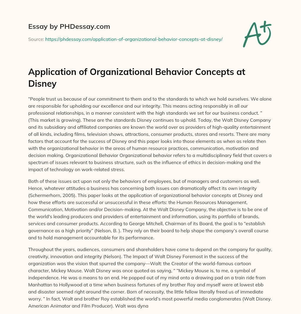 Application of Organizational Behavior Concepts at Disney essay