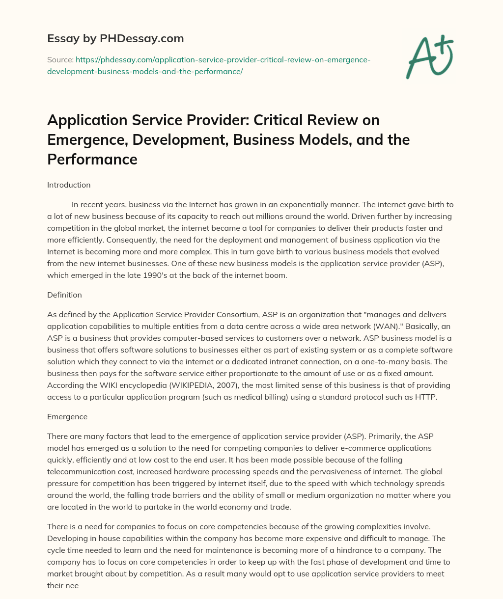 Application Service Provider: Critical Review on Emergence, Development,  Business Models, and the Performance essay