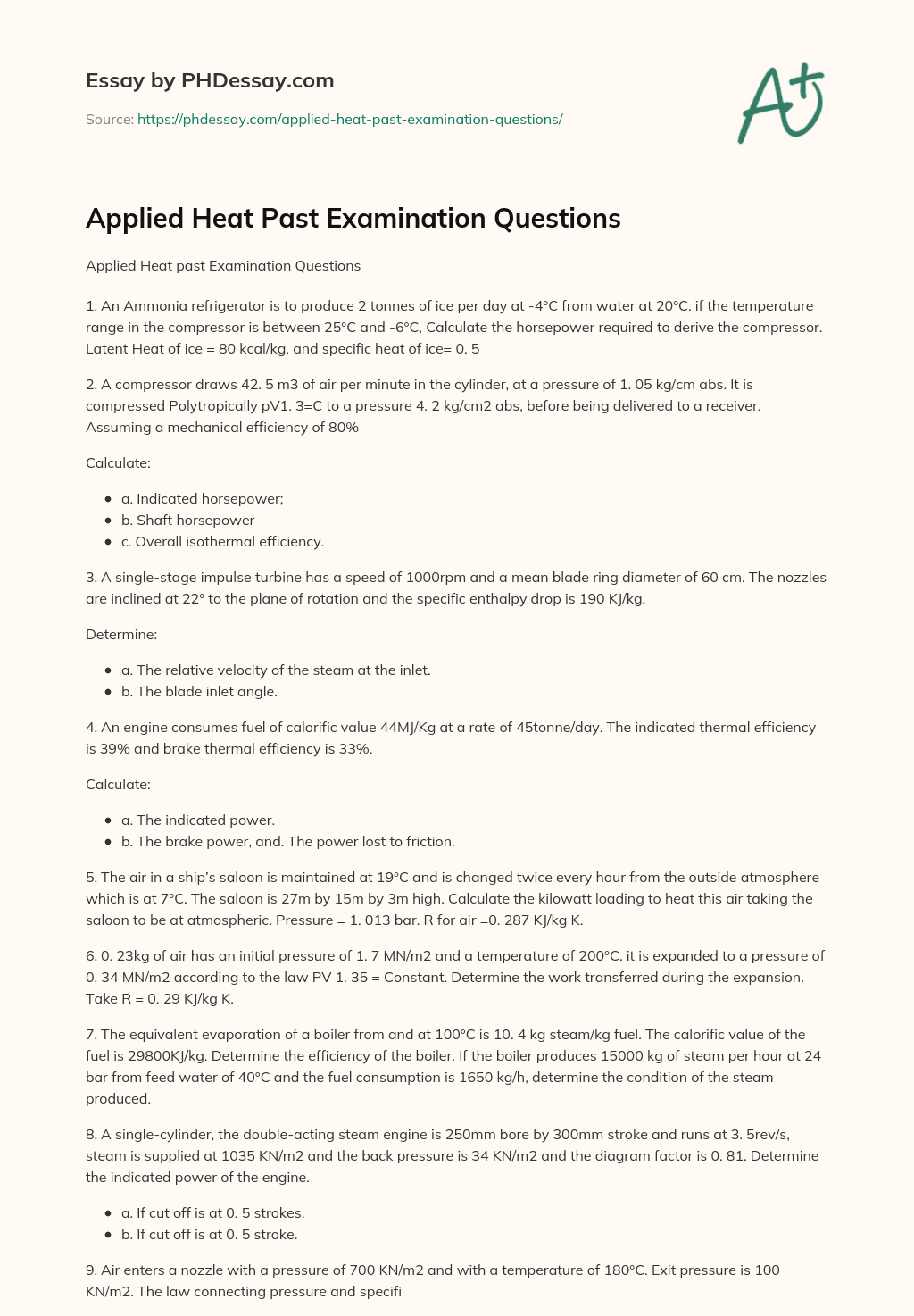 Applied Heat Past Examination Questions essay