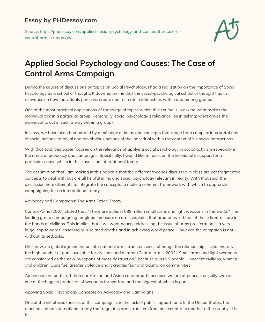 Applied Social Psychology and Causes: The Case of Control Arms Campaign essay