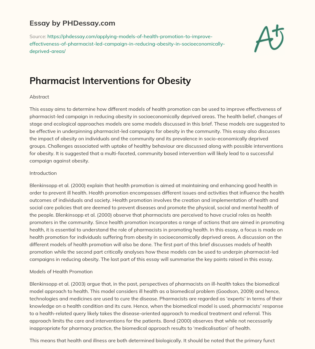 Pharmacist Interventions for Obesity essay