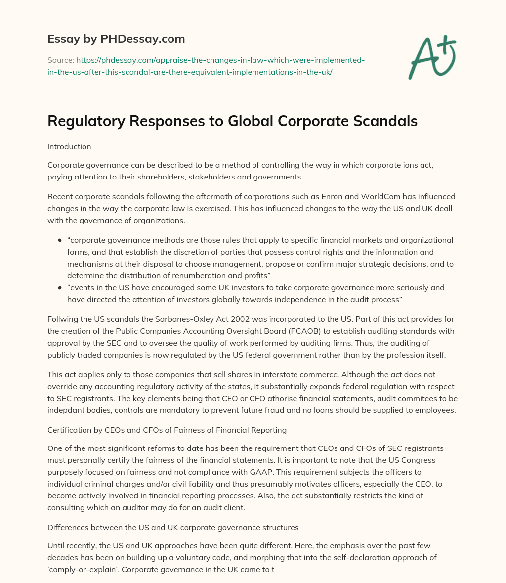 Regulatory Responses to Global Corporate Scandals essay