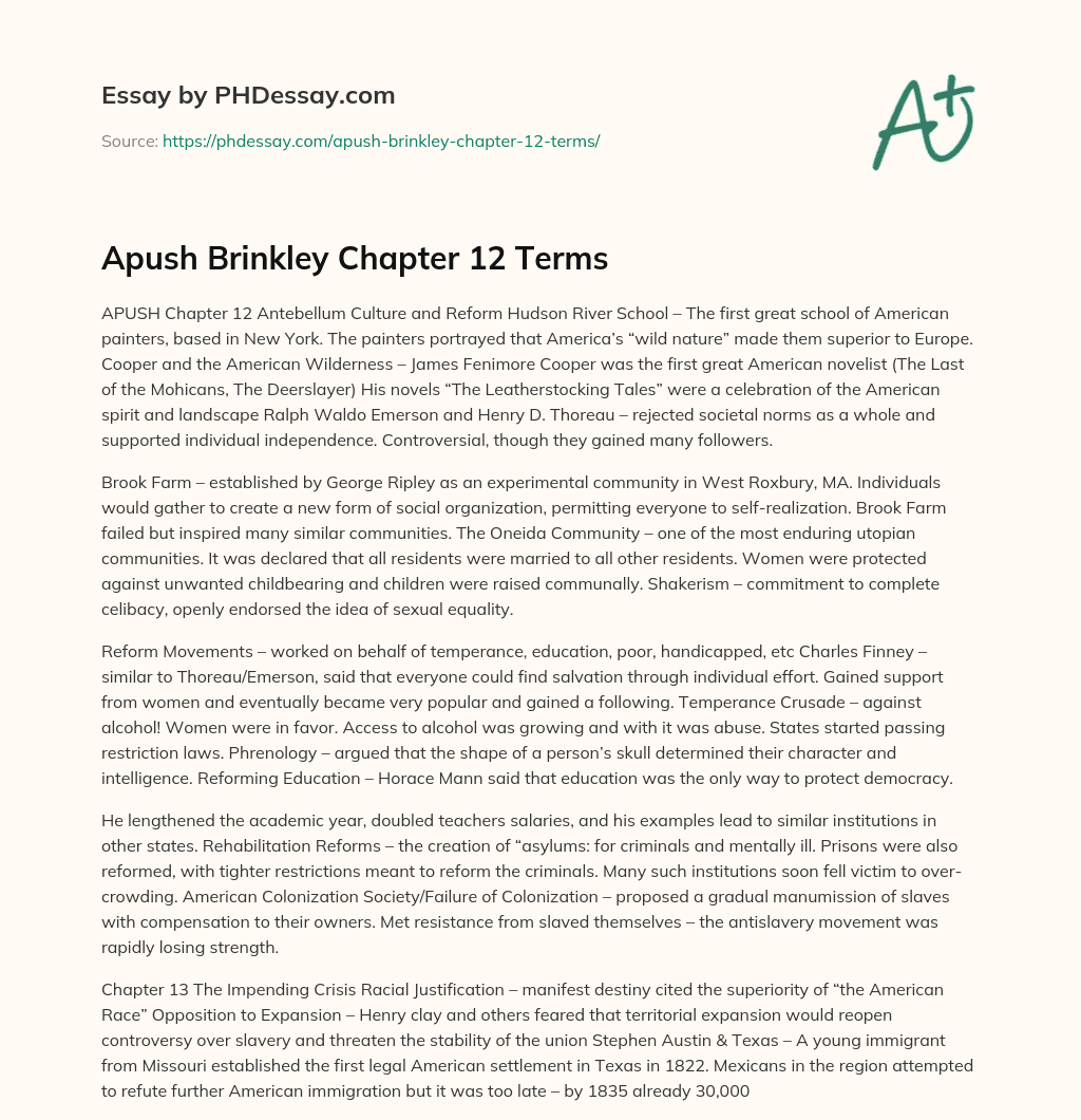 Apush Brinkley Chapter 12 Terms essay