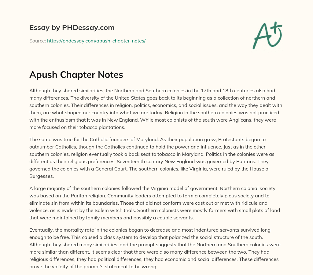 Apush Chapter Notes essay