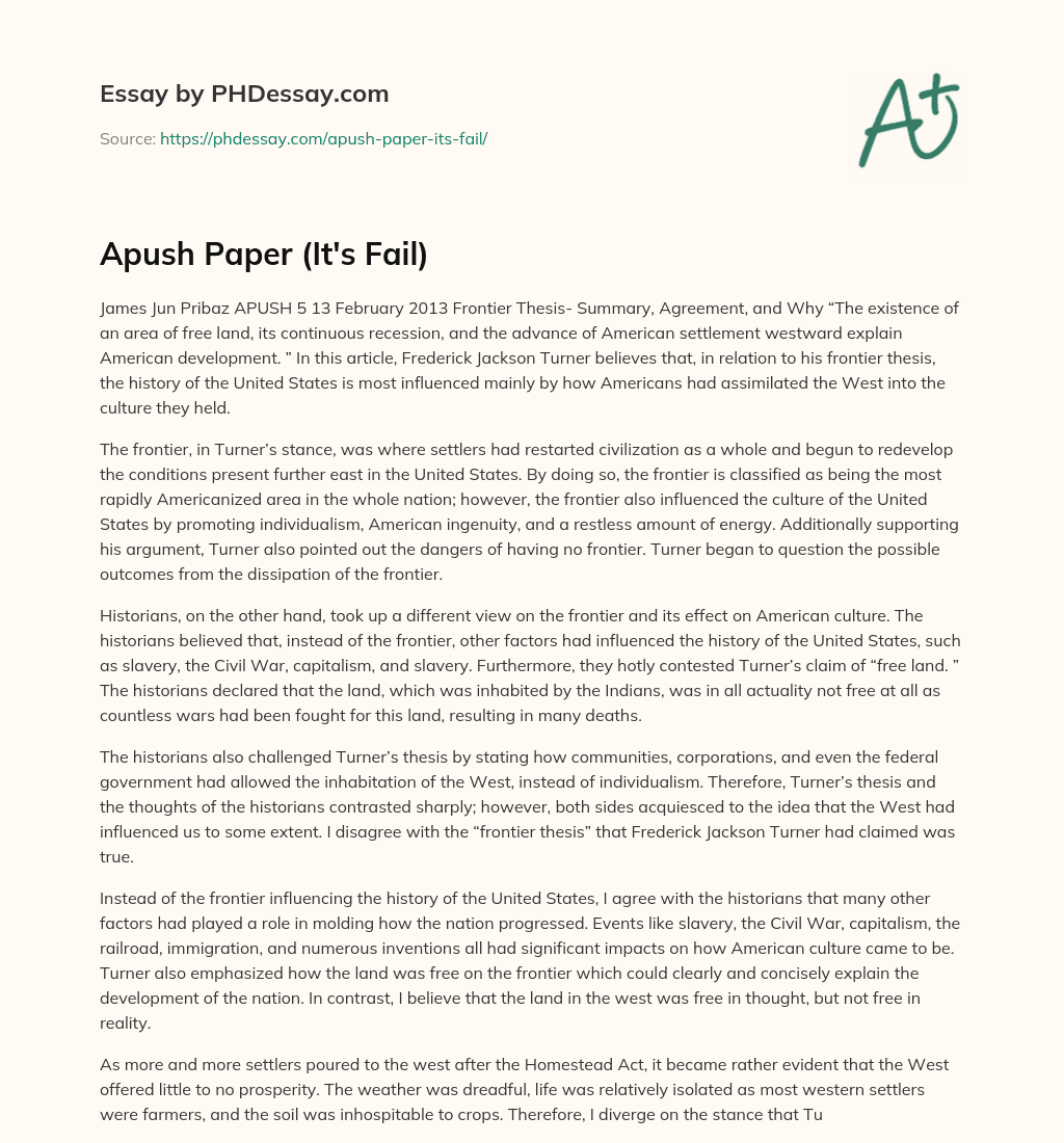 Apush Paper (It’s Fail) essay