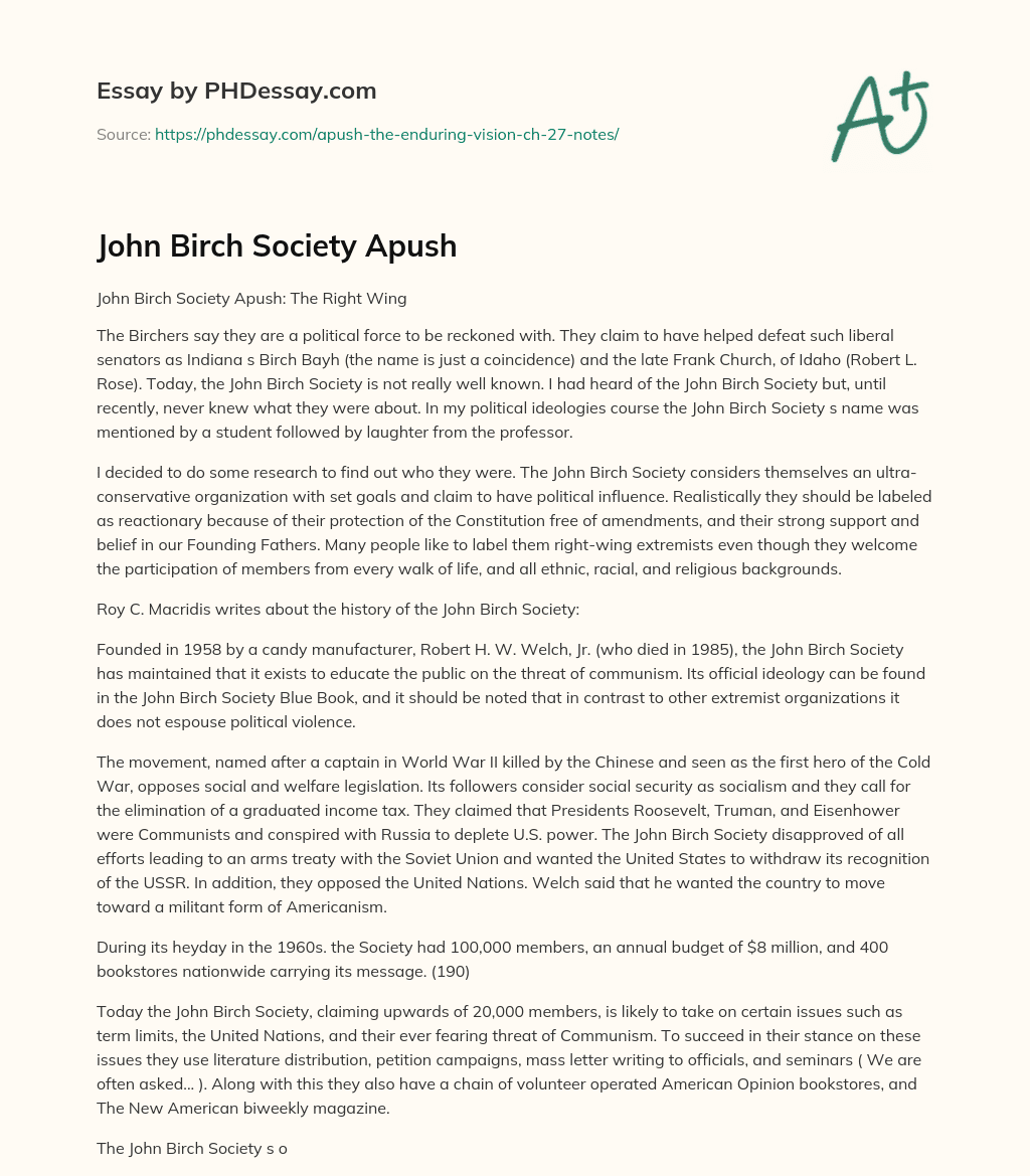 John Birch Society Apush essay