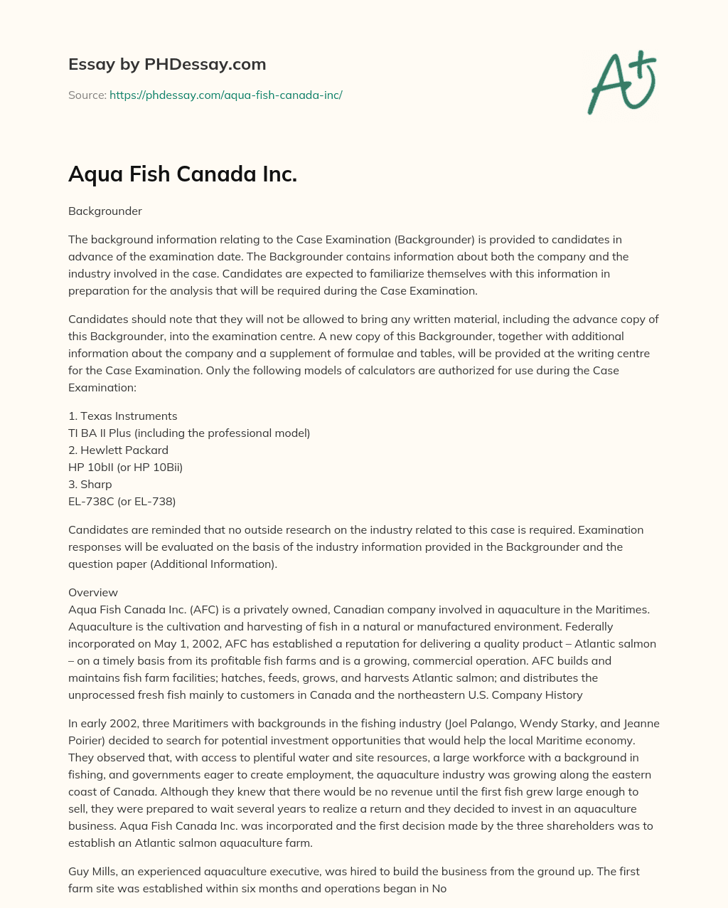 Aqua Fish Canada Inc. essay