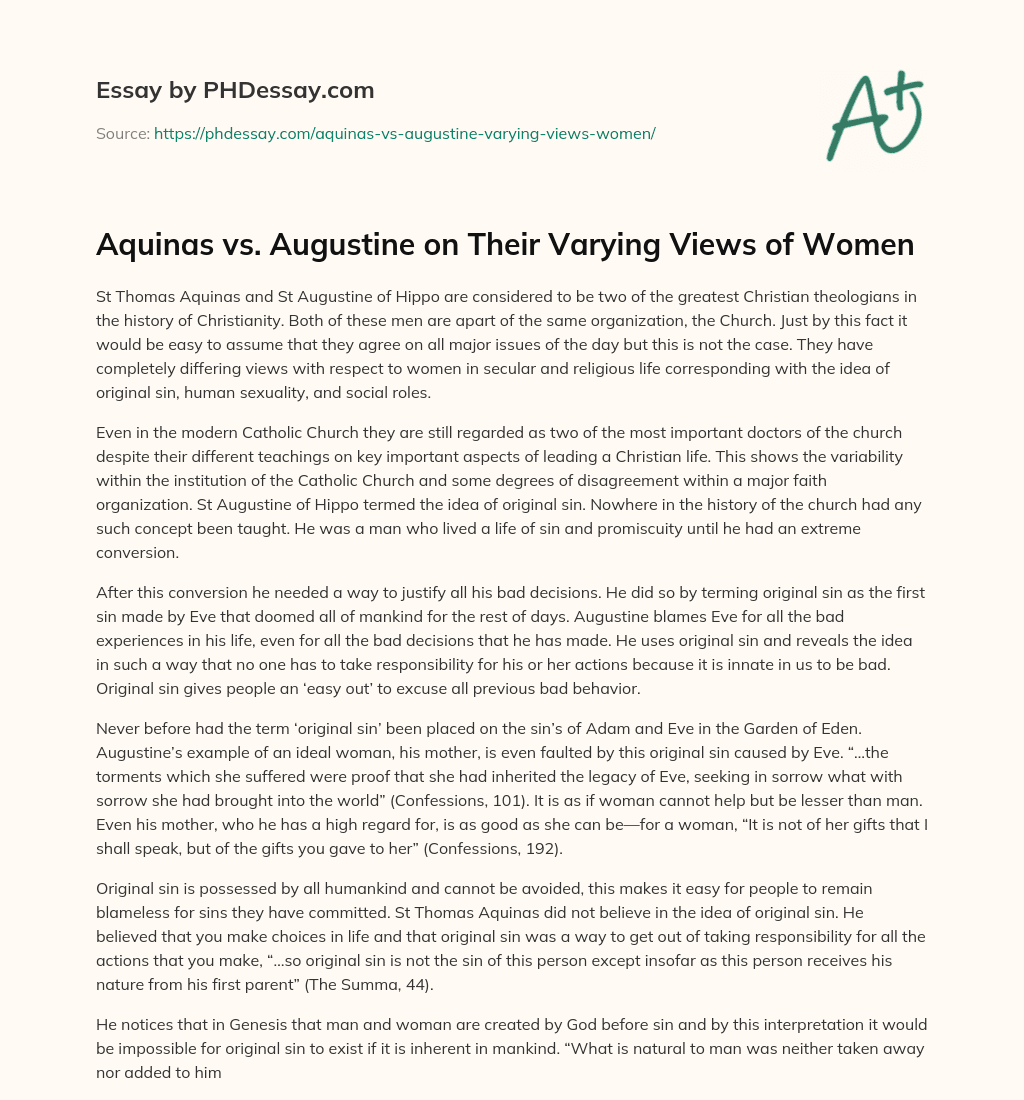 Aquinas vs. Augustine on Their Varying Views of Women essay