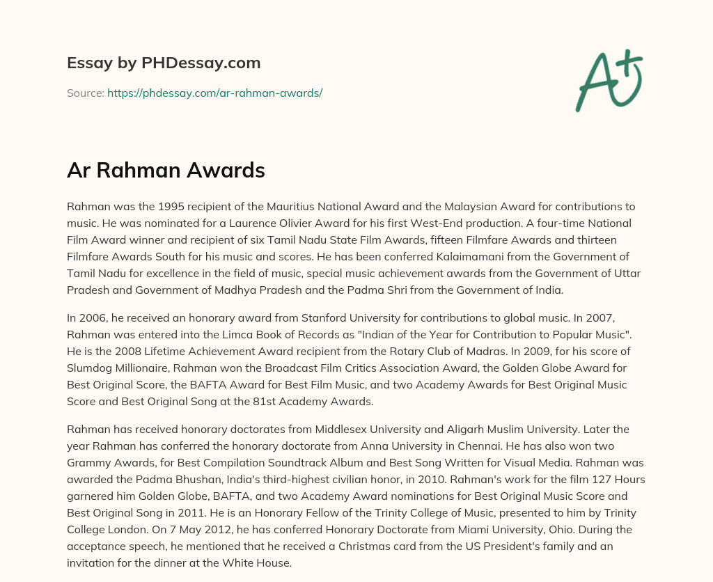 Ar Rahman Awards essay