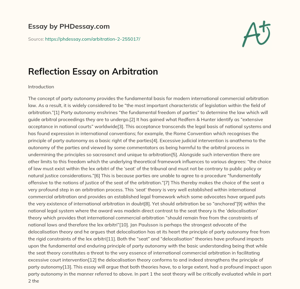 Reflection Essay on Arbitration essay
