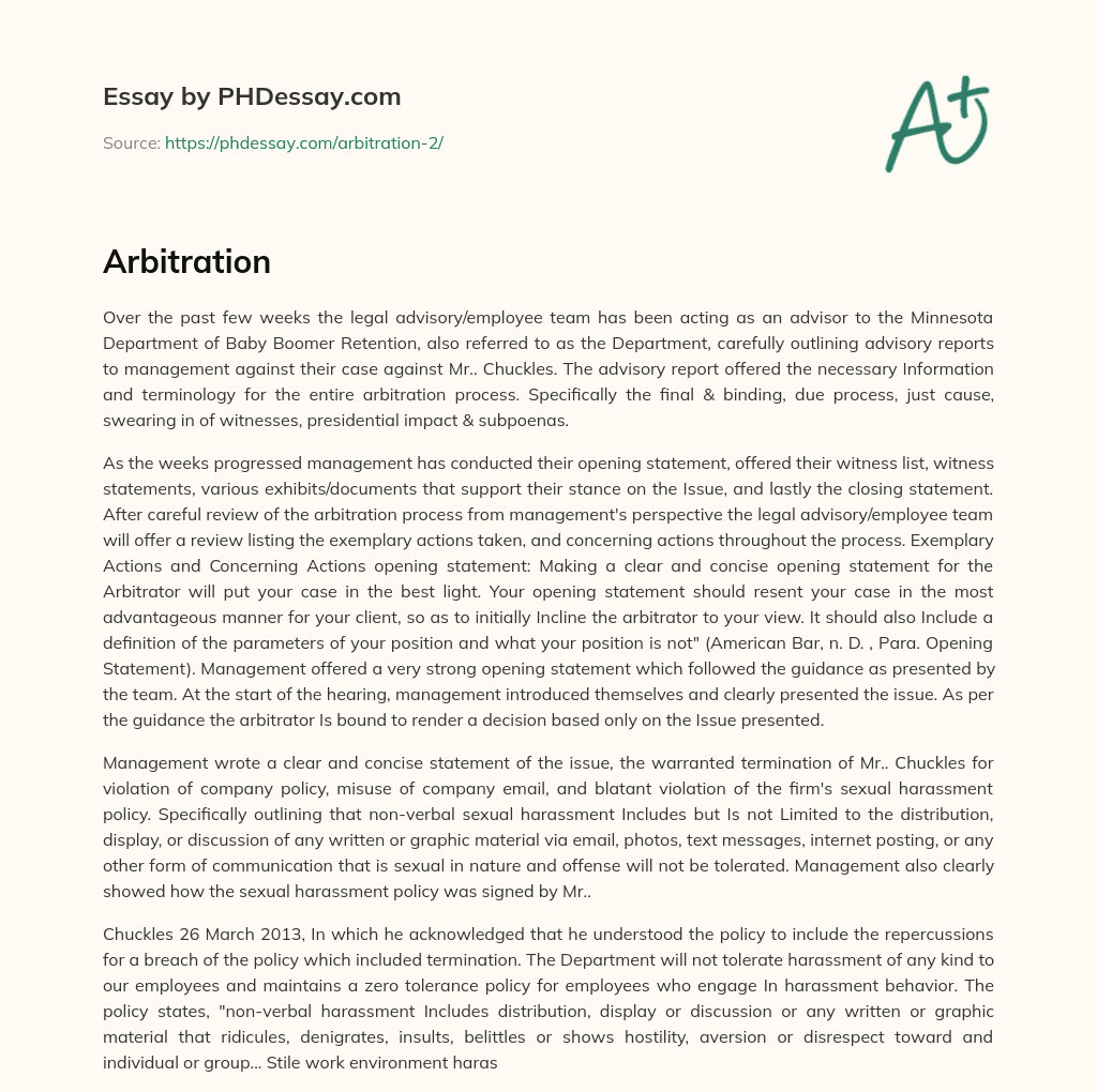 Legal team advises Minnesota Department of Baby Boomer Retention in arbitration against Mr. Chuckles essay