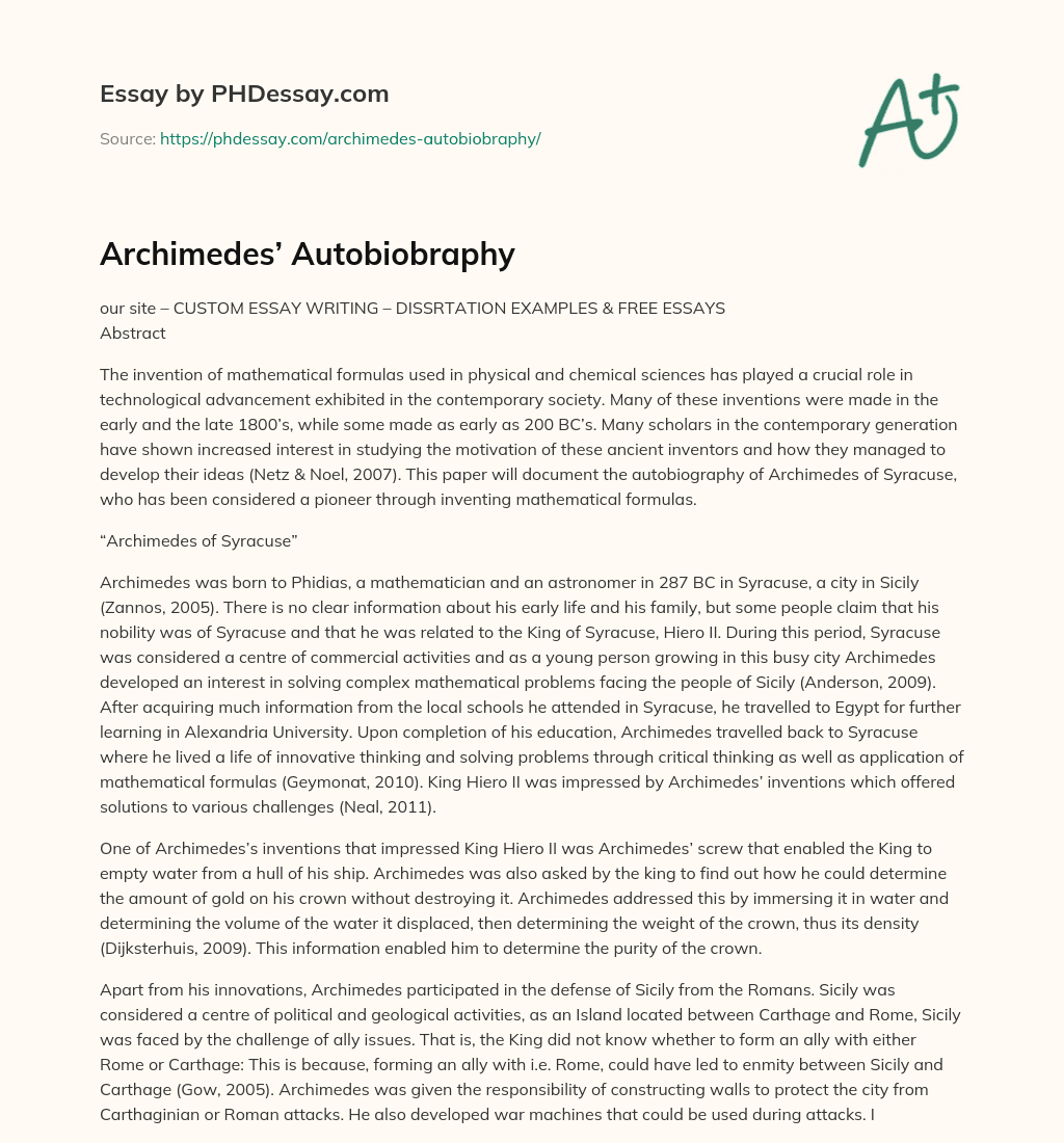 Archimedes’ Autobiobraphy essay
