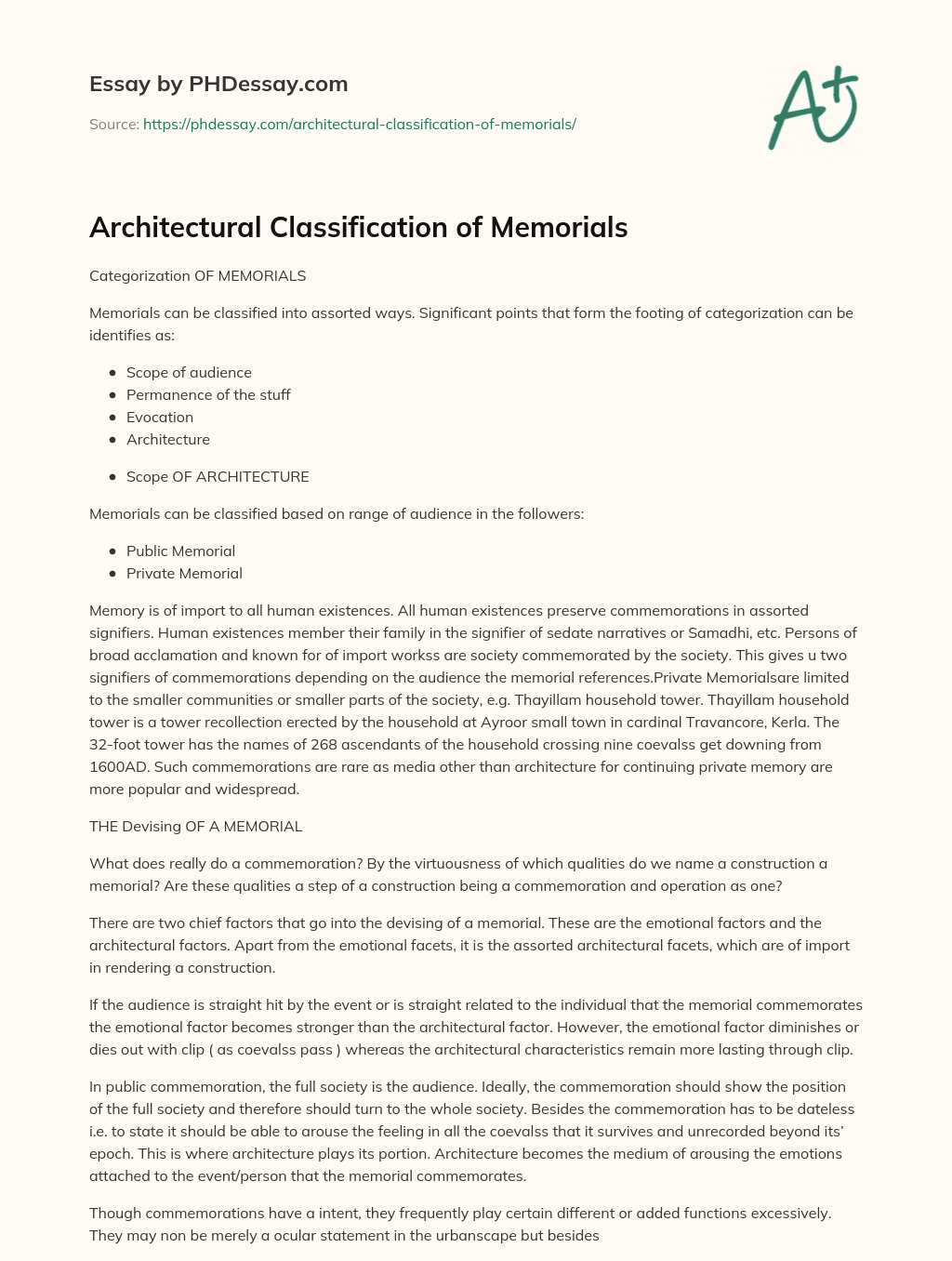 Architectural Classification of Memorials essay
