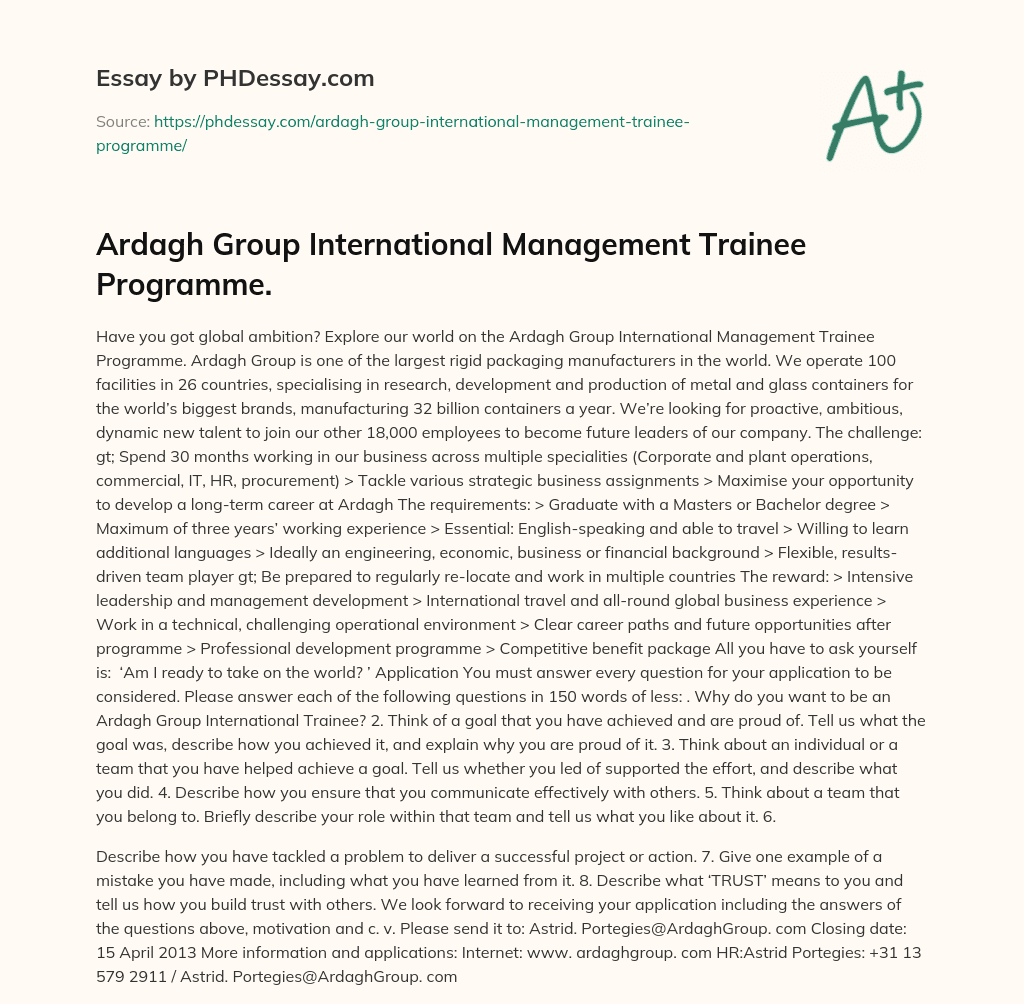Ardagh Group International Management Trainee Programme. essay