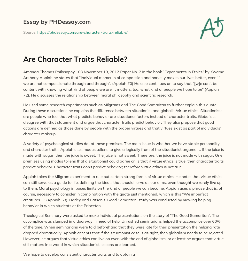 Are Character Traits Reliable? essay