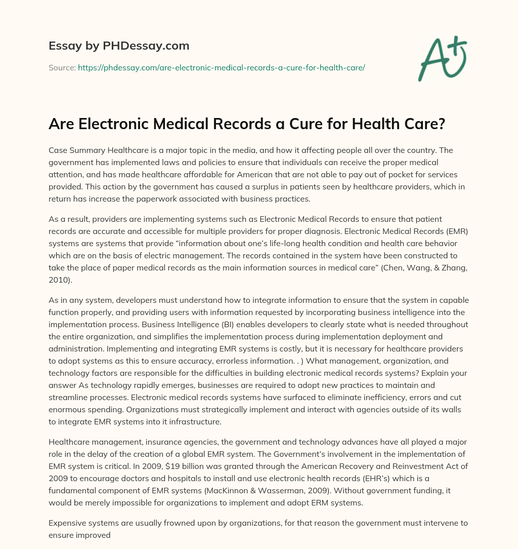 Are Electronic Medical Records a Cure for Health Care? essay