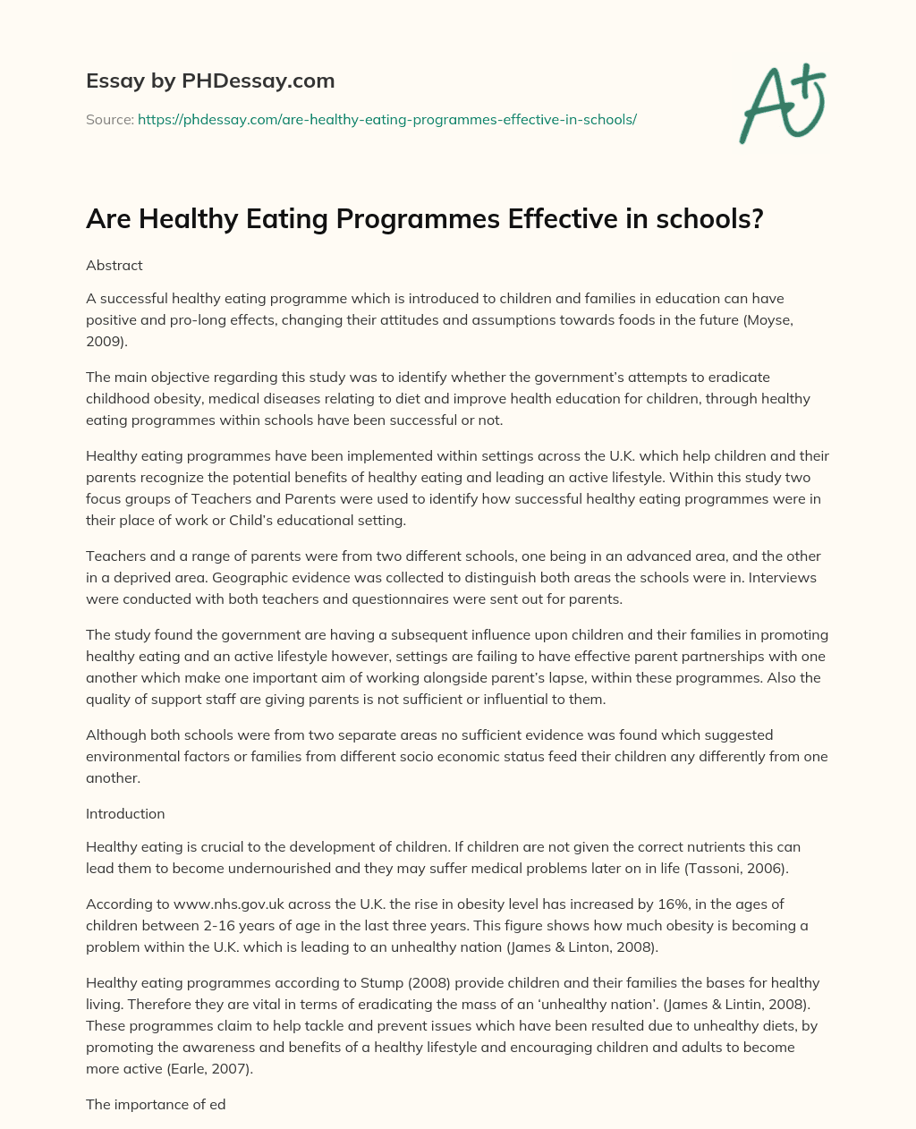 Are Healthy Eating Programmes Effective in schools? essay