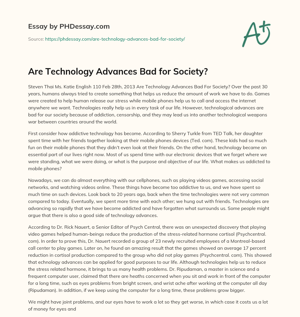 Are Technology Advances Bad for Society? essay