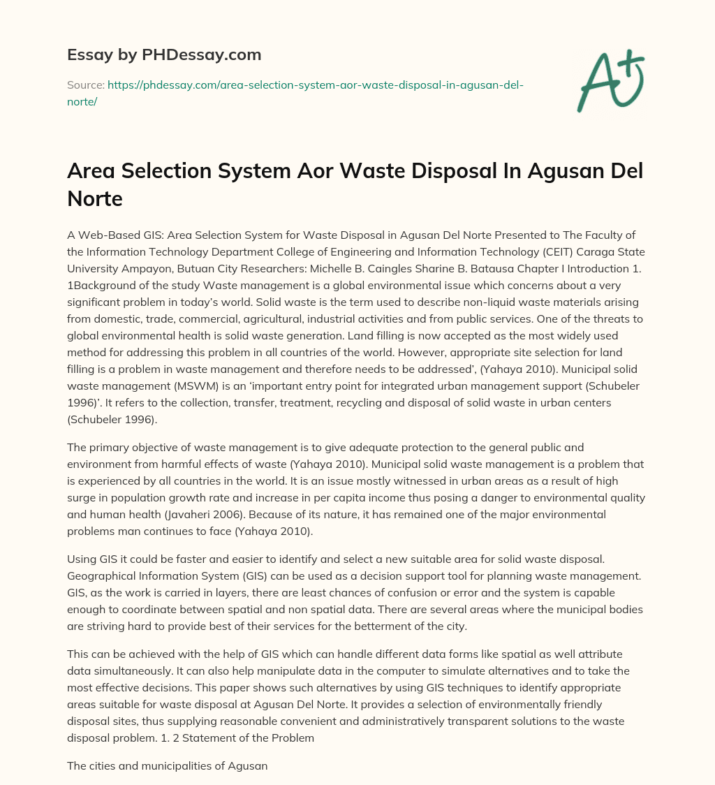 Area Selection System for Waste Disposal In Agusan Del Norte essay