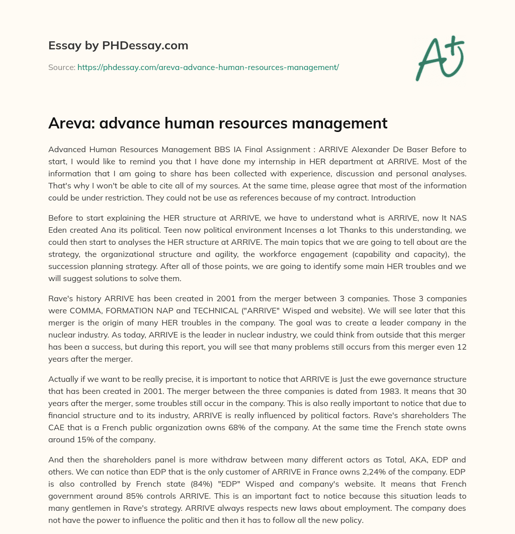 Areva: advance human resources management essay