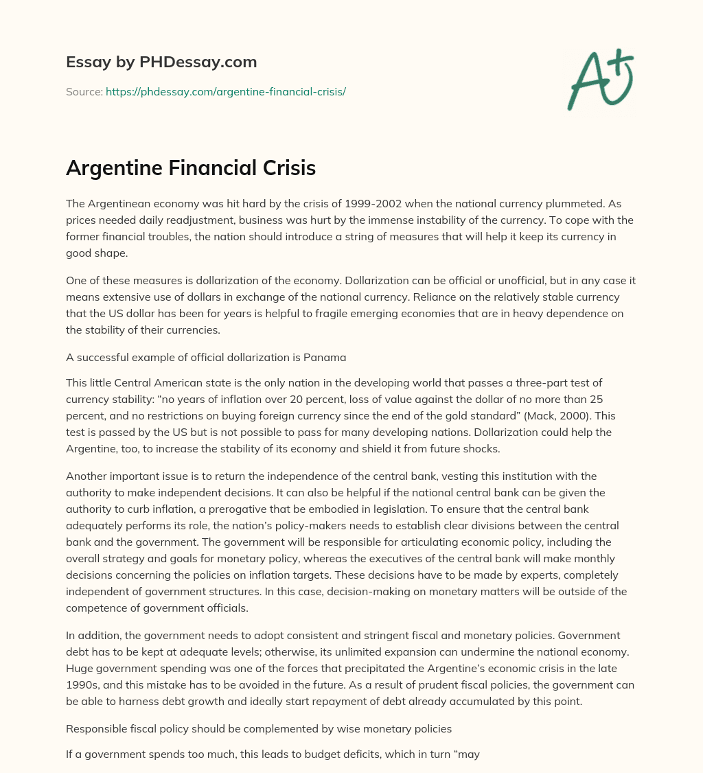 Argentine Financial Crisis essay