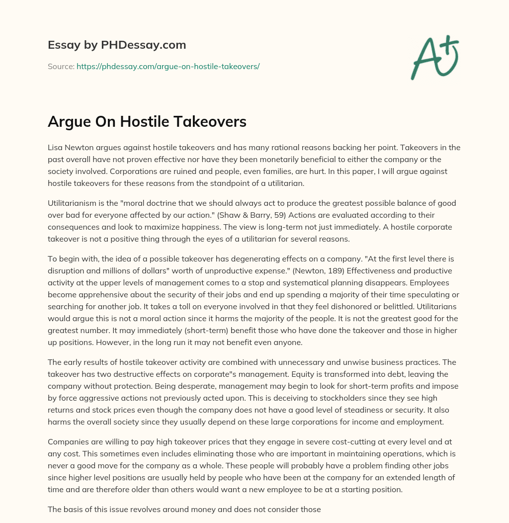 Argue On Hostile Takeovers essay
