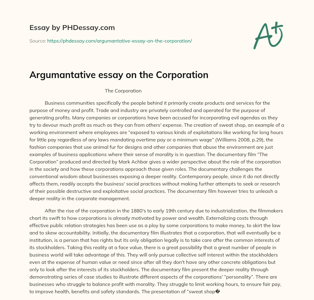Argumantative essay on the Corporation essay