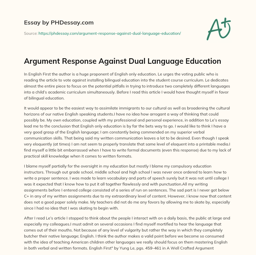 Argument Response Against Dual Language Education essay