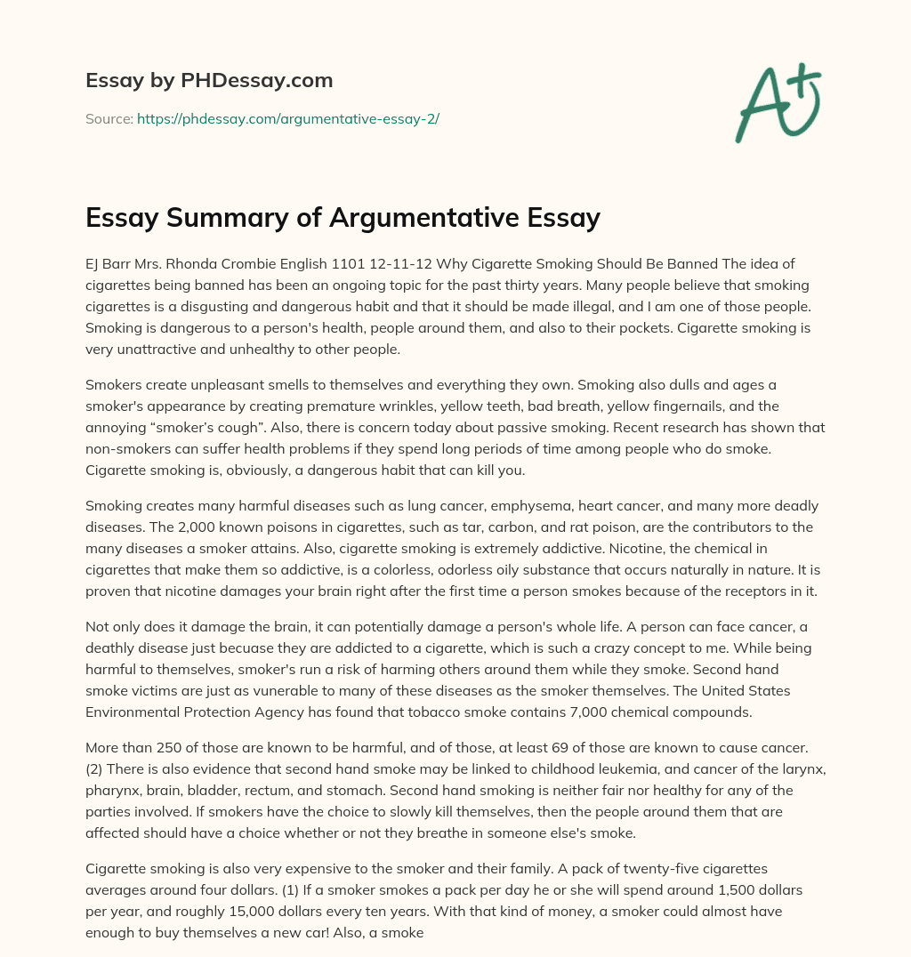 Essay Summary of Argumentative Essay (600 Words) - PHDessay.com