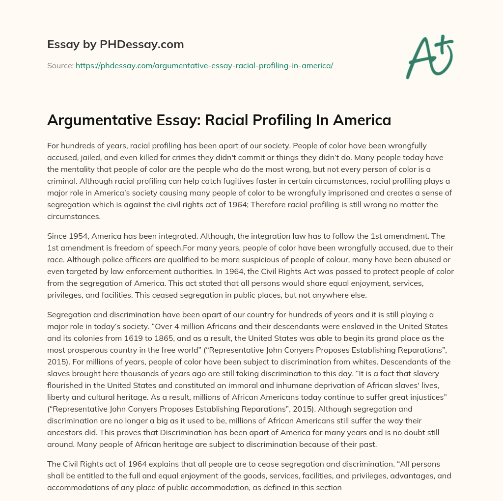 Argumentative Essay: Racial Profiling In America essay