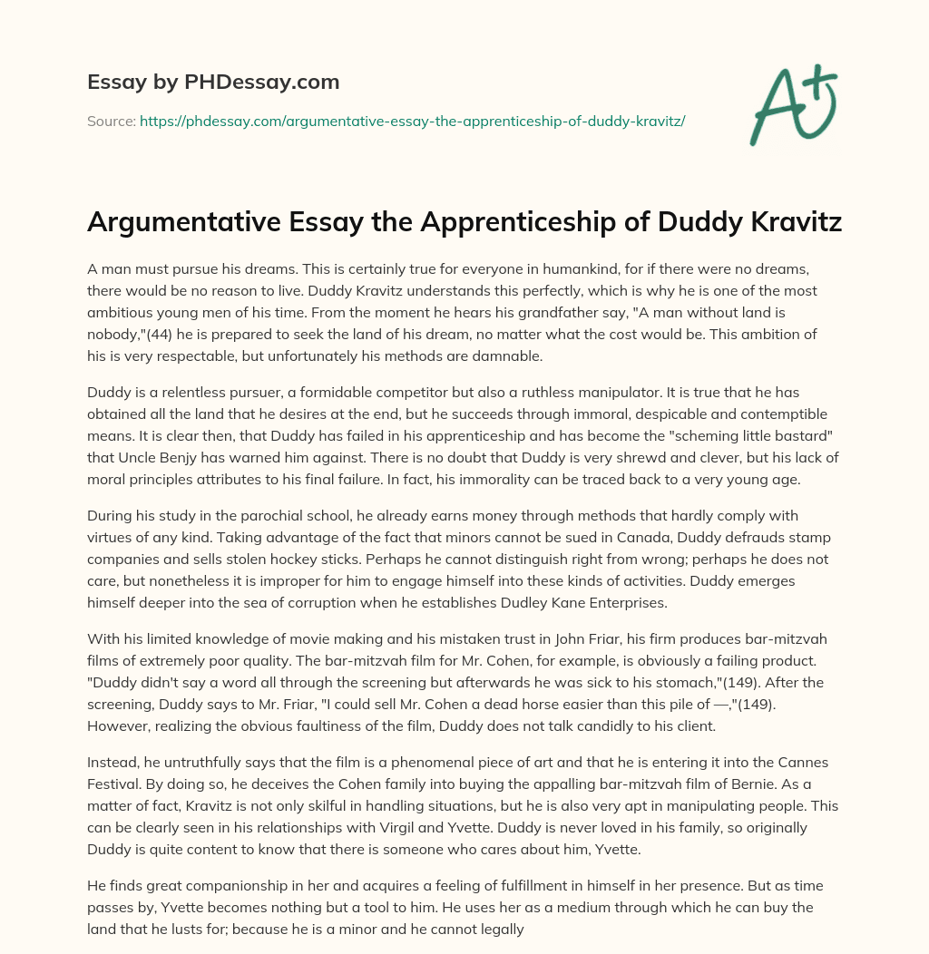 Argumentative Essay the Apprenticeship of Duddy Kravitz essay