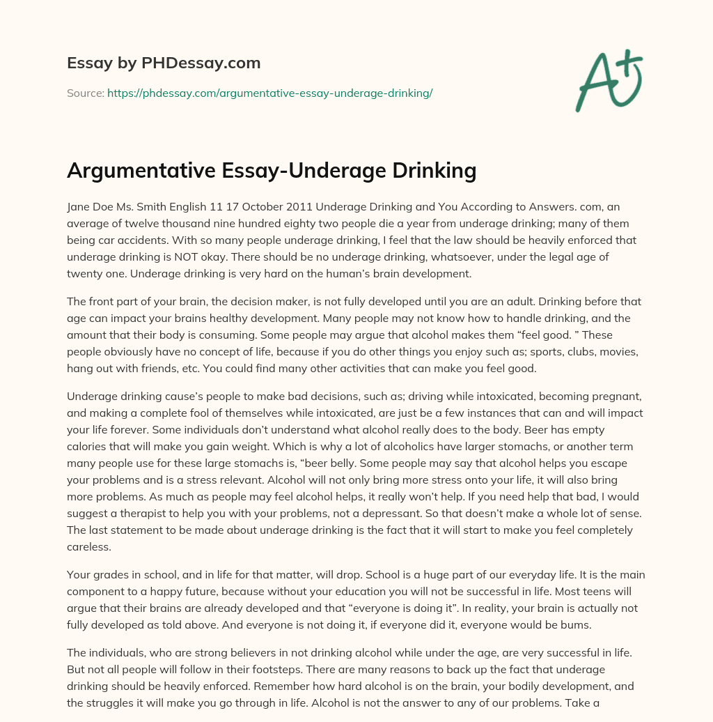 Argumentative Essay-Underage Drinking essay