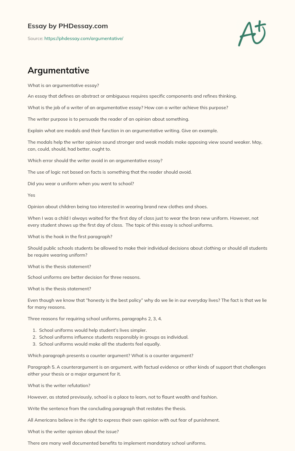Components and Modals in Argumentative Writing; Avoiding Errors essay