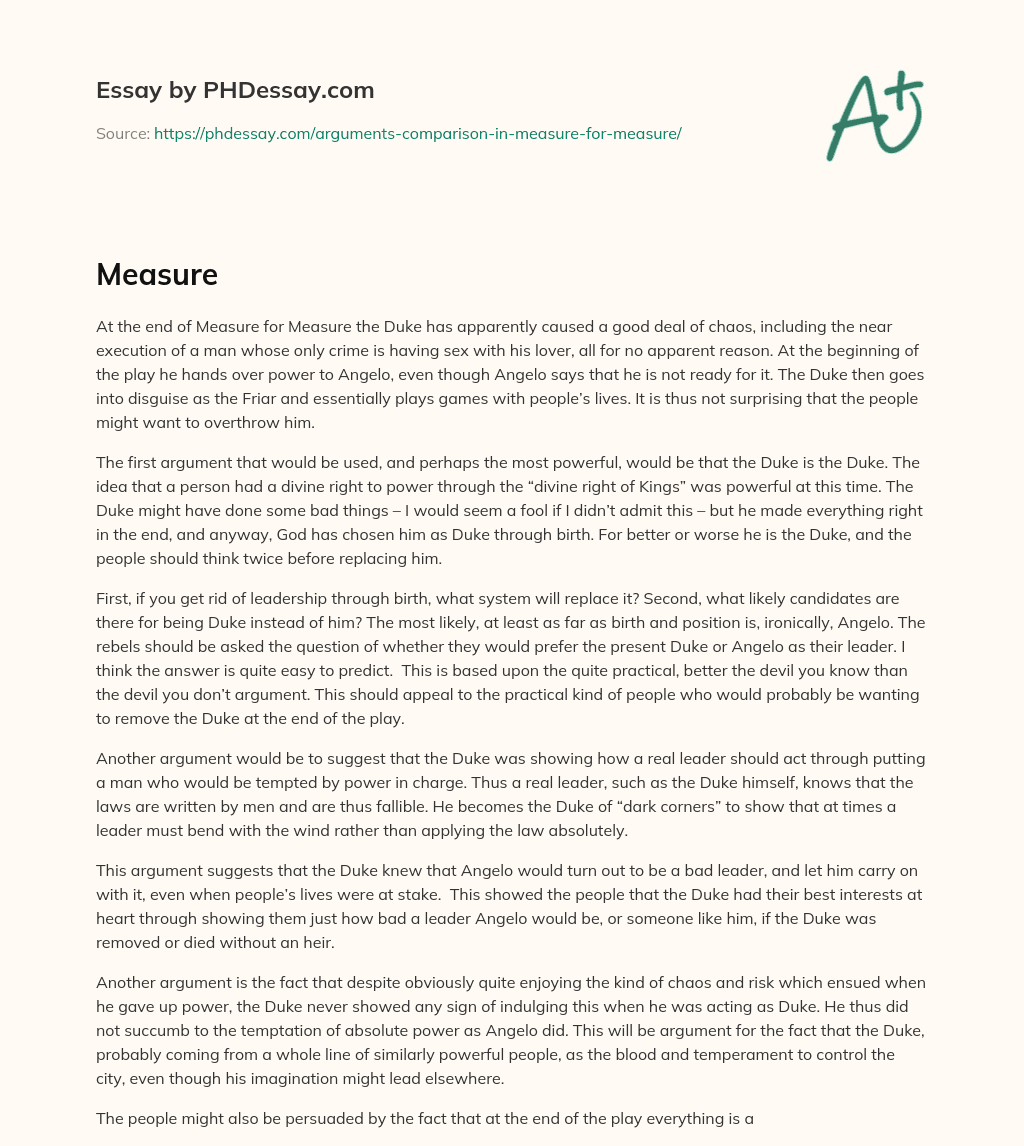 The Duke’s actions and potential overthrow in Measure for Measure essay