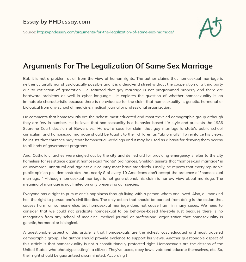 Arguments For The Legalization Of Same Sex Marriage essay