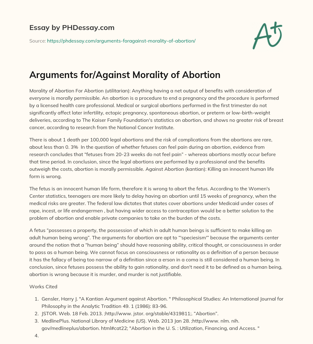 Arguments for/Against Morality of Abortion essay
