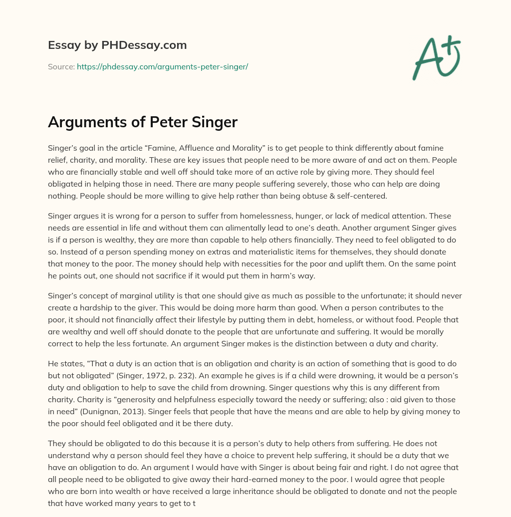 Arguments of Peter Singer essay