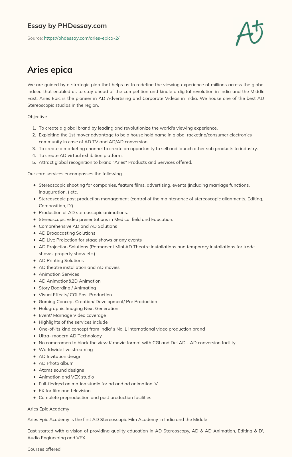 Aries Epic: Redefining the Viewing Experience with Strategic Planning and Innovative Services in AD Advertising and Corporate Videos essay