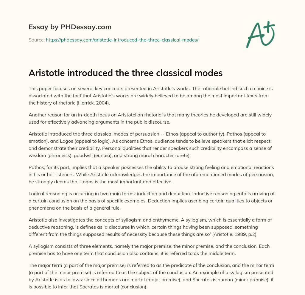 Aristotle introduced the three classical modes essay