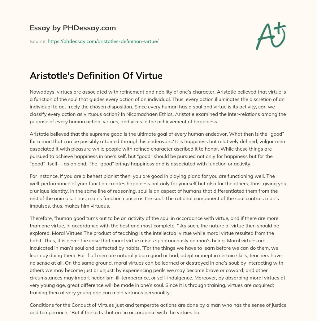 Aristotle’s Definition Of Virtue essay