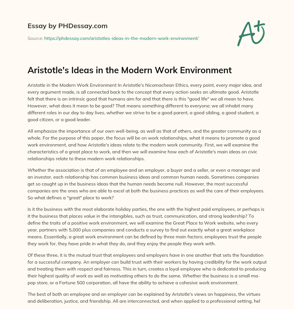 Aristotle’s Ideas in the Modern Work Environment essay