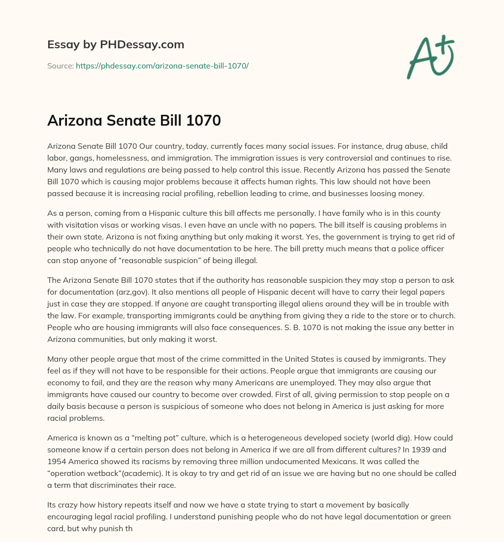 Arizona Senate Bill 1070 essay
