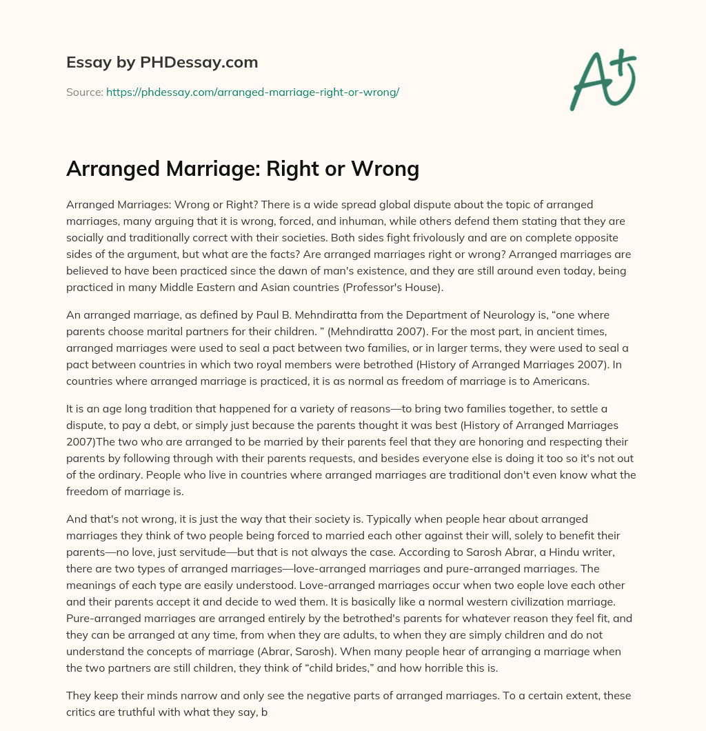 Arranged Marriage: Right or Wrong essay