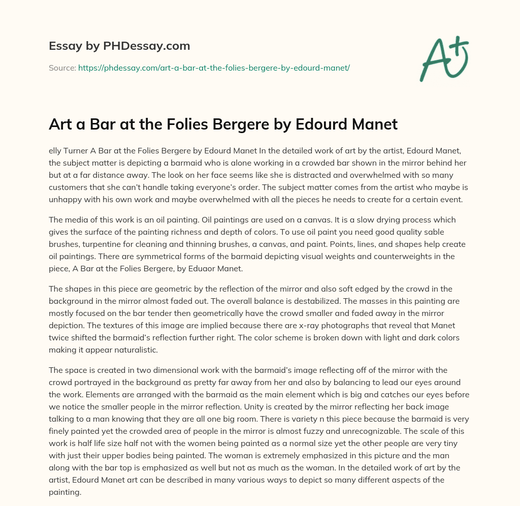 Art a Bar at the Folies Bergere by Edourd Manet essay