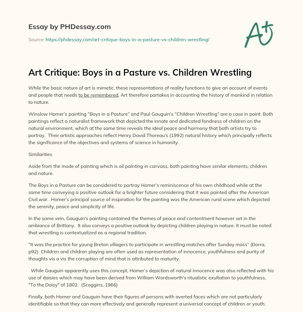 Art Critique: Boys in a Pasture vs. Children Wrestling essay