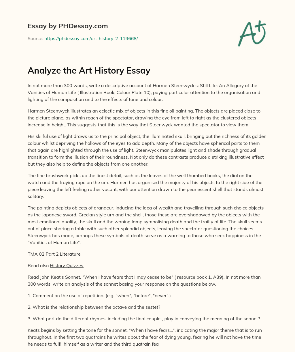 Analysis of Harmen Steenwyck’s Still Life: An Allegory of the Vanities of Human Life essay